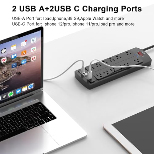 Teiobar 6 Ft Surge Protector Power Strip with 12 Outlets & 4 USB Ports - Black, 2700 Joules