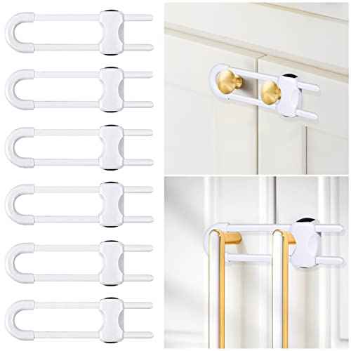 6 Packs Sliding Cabinet Locks, Modacraft Baby Proofing U-Shaped Child Safety Latches Adjustable White Locks for Handles Knobs Drawers Closet Cupboard