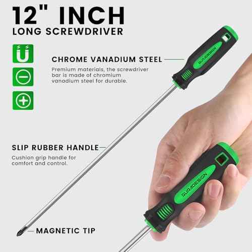 4-Piece 12" Long Screwdriver Set Slotted and Phillips, Long & Short Magnetic Screwdriver Set