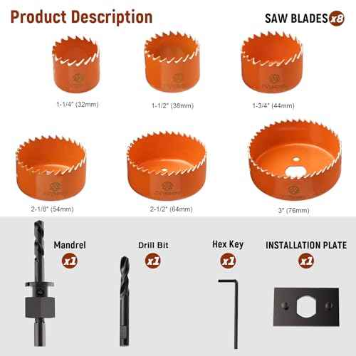 11-Piece Hole Saw Kit (1-1/4" to 3" / 32-76mm) with Mandrels, Arbor, Gloves & Case for Soft Wood, PVC Board, Plywood