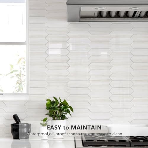 Vamos Tile Glossy Dolomite White Hexagon Peel and Stick Backsplash Tile - 10 Sheets, 12.8 x 12.8 Inches, Self-Adhesive Wall Tile for Kitchen & Bathroom
