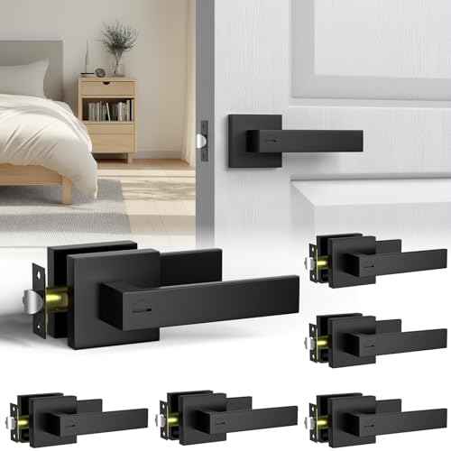 Matte Black Door Handle 6 Pack, Keyless Privacy Door Lever with Lock, Zinc Alloy Door Handles Interior for Bedroom or Bathroom, Heavy Duty Square Door Lock 2.2lbs,Reversible for Left Right Handed Door