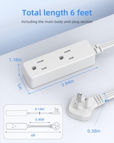LitStar White 6 Ft Flat Plug Extension Cord with 3 Outlets - Indoor Power Strip