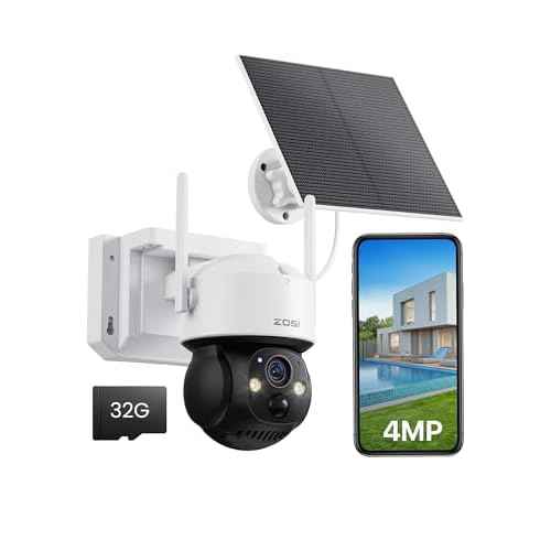ZOSI C291 4MP Wireless Battery Security Outdoor Camera with Solar Panel, 2.5K 360 View Pan/Tilt Camera, Auto Track, PIR Human Detect, Color Night Vision, 2-Way Talk, Light Siren Alarm,32GB Memory Card
