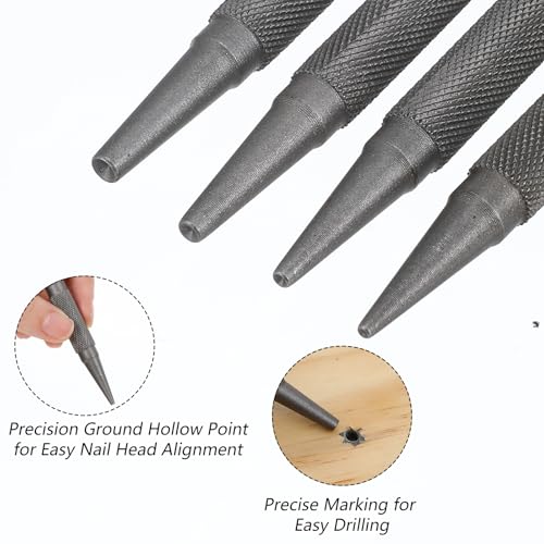 4PCS Nail Punch and Center Punch Set Nail Driver Tool Hardened Cr-V Steel Knurled Grip Punches Set 1/32", 1/16", 3/32" Nails Setter & 1/8" Center Punches Tool for Metal, Wood, Plastic