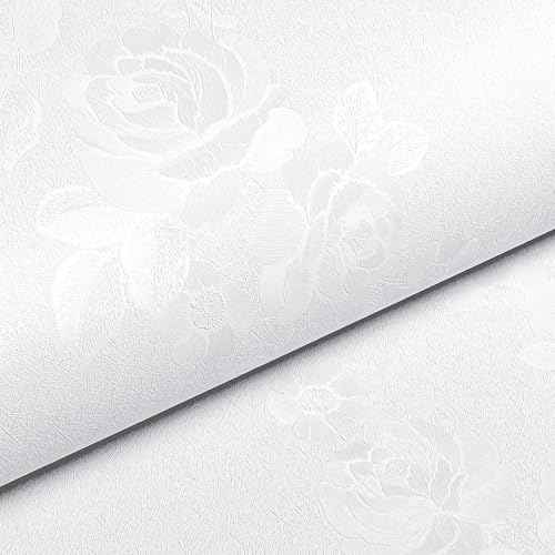 Livelynine White Wallpaper Peel and Stick Floral Texture White Contact Paper for Cabinets Removable Vinyl Kitchen Cabinet Covering Paintable Textured Wallpaper for Walls Bathroom Ceiling 15.8x78.8"