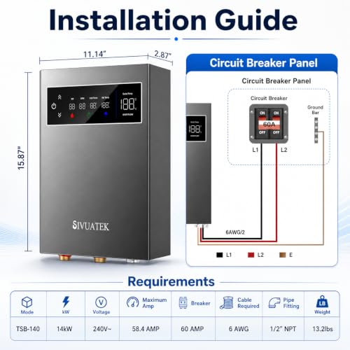 SIVUATEK TSB-140 14kW Electric Tankless Water Heater 240V for Sink & Shower, Gray