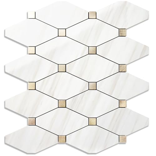 STICKGOO 1 Sheet Peel and Stick Backsplash, Polished Dolomite PVC Mixed Metal Gold Kitchen Backsplash, Stick on Backsplash Wall Tiles for Kitchen, Bathroom, RV