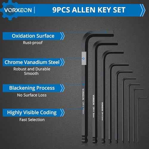 9 PCS Allen Wrench Hex Key 1.5 mm - 10 mm Metric Flat Ball End Black L-key with Visible coding For Handyman DIY Bike Motorcycle Repair