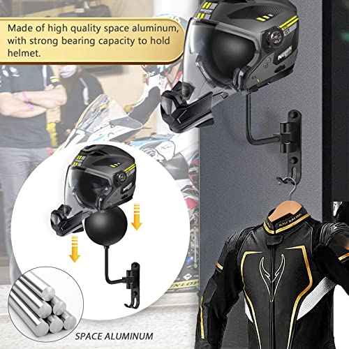 Motorcycle Helmet Rack Wall Mount - 180 Rotation Metal Bike Helmet Holder - 2 Hooks - Black, 2 Pcs