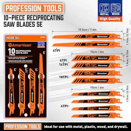AMARTISAN 10-Piece Bi-Metal Reciprocating Saw Blade Set 6 to 8 Inch Used for Wood & Metal Cutting, Drywall, Plastic and Composite Materials