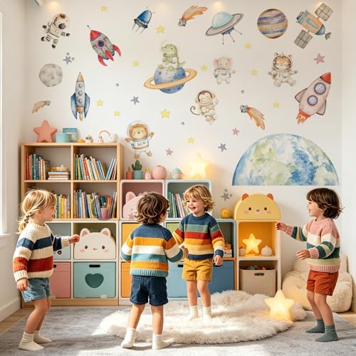 Space Animal Wall Decals for Kids Bedroom - 39x12 Inch Peel & Stick Decor