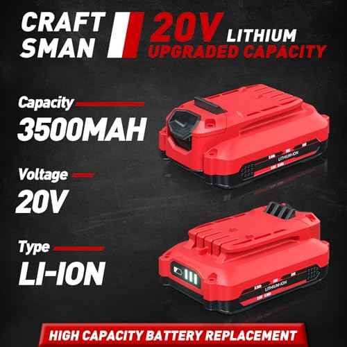 2Pack CMCB202 3.5Ah Battery and Charger Set for Craftsman 20V Battery Replacement for Craftsman V20 CMCB204 CMCB205 CMCB2011 Weedeater Lawnmower 20V Lithium-ion Battery with CMCB104 Charger