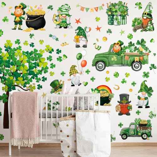 St. Patrick's Day Wall Decals Stickers Green Truck Shamrock St. Patricks Day Window Clings Lucky Clover Golden Coins Irish Spring Holiday Home Kitchen School Office Decor Party Supplies Decoration