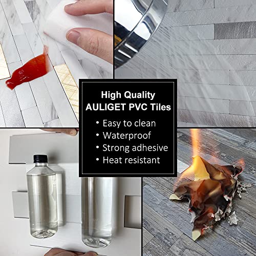 AULIGET 20 Sheets Faux Marble Peel and Stick Backsplash Tiles with Metal Silver Accents, 6x12 Inch PVC Wall Coverings for Kitchen