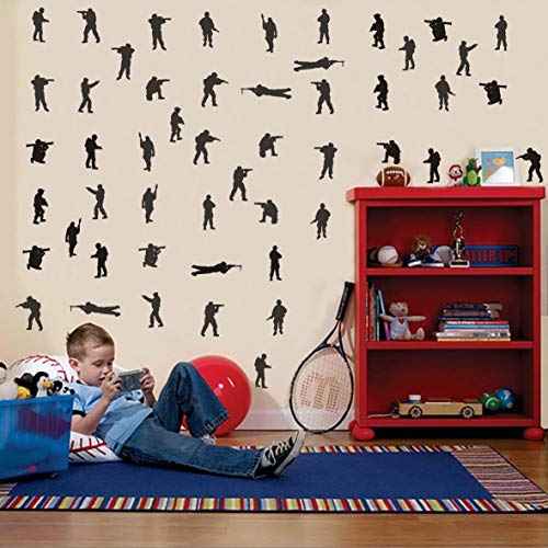 48PCS Military Wall Stickers for Boys Bedroom, Army Soldier Decals with Seals, Infantry, Snipers, Stormtroopers, Artillery Figures, Vinyl Removable Wall Art for Kids Room Decor AM158 (Black)