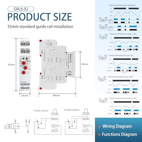 10A Liquid Level Control Relay GRL8-02 AC/DC 24V-240V Water Level Sensor Control Relay with 0.1S-10S Adjustable Time, Automatic UP and Down Liquid Level Controller with 5ft Detector Sensor