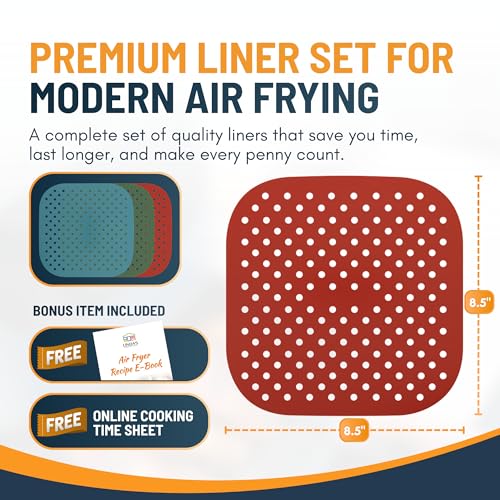 8.5 Inch Square Silicone Air Fryer Liners (3 Pack) by Linda's Essentials – Non-Stick, Easy-Clean