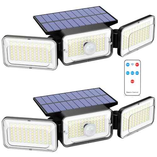 Solar Lights Outdoor Waterproof, Motion Sensor & Flood Outdoor Lights with Remote Control, 4 Adjustable Modes, 3000LM & 218 LED, High-Energy-Density Solar Panel-Monocrystalline Technology, 2 Pack