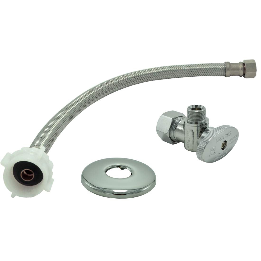 Toilet Connector Water Line Kit with 12" Length Long 3/8" COMP x 7/8" BC Toilet Connector Hose, 1/2 inch NOM Inlet x 3/8 inch OD Compression Outlet Angle Shut Off and Escutcheon Plate