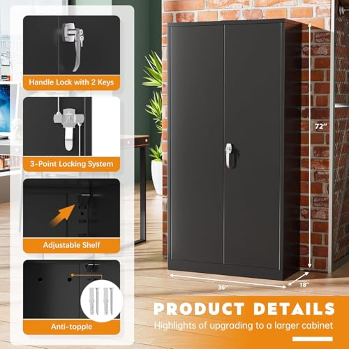 Heavy-Duty Steel Storage Cabinet with Locking Doors, Adjustable Shelves, Black - 72 Inch