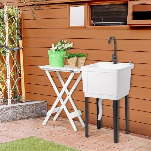 VINGLI 13-Gallon Utility Sink with Stainless Steel Faucet - White, 19.7"W x 18.9"D x 33"H