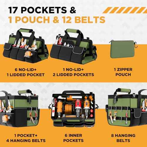 Goovilla Tool Bag 15.5 Inch with 1 Pouch | 17-Pocket Portable Tool Box Organizer Storage with Adjustable Strap, Soft Handle and Durable Zipper | Heavy Duty Tool Bags for Men, Father¡¯s Day (Green)