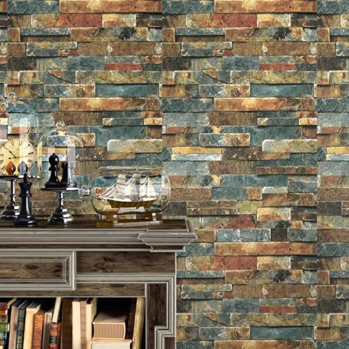 Wallercity Vintage Faux Blue/Brown Wallpaper Peel and Stick Wallpaper Waterproof Self-Adhesive Stone Wallpapers 3D Rock Textured Contact Paper for Kitchen Backsplash Living Room Bedroom 15.8''x78.7''