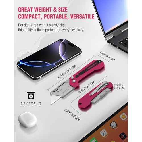 WORKPRO Box Cutter, Utility Knife Quick Change Blade Razor Knife, Folding Pocket Knife with Belt Clip and Axis Lock, 10 Extra Blades Included, Pink
