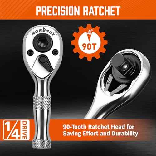 HORUSDY 1/4-Inch Stubby Ratchet Wrench Set, Chrome Alloy 90-Tooth Reversible 1/4" Drive Handle with Magnetic Bit Driver & 1/4" to 3/8" Adapter, Compact Socket Wrench for Tight Spaces, Auto, DIY