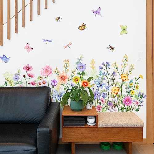 Floral Wall Stickers, Wildflowers Grass Butterfly Wall Clings, DIY Spring Summer Natural Flower Greenery Wall Decals for Bedroom Living Room TV Office Home Decorations