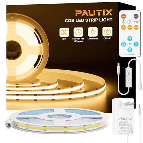 PAUTIX 16.4ft 2700K COB LED Strip Light - Dimmable, UL Listed, Warm White, 24V, RF Remote, Flexible Tape