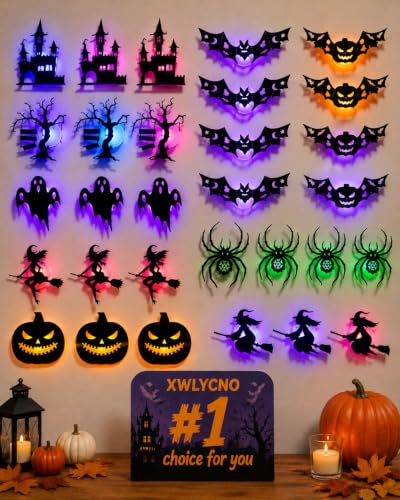 XWLYCNO 30pcs Halloween LED Wall Decor Lights 3D Bat Silhouette Set