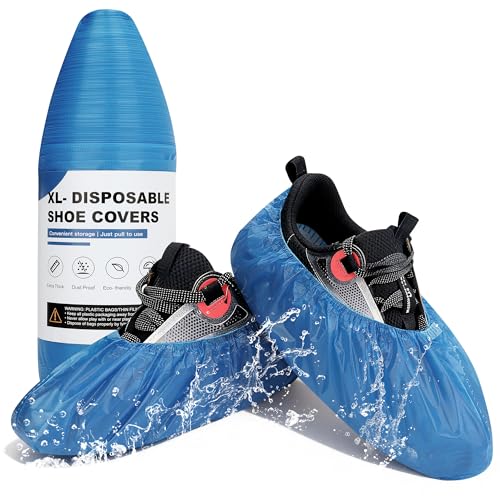 300PCS Disposable Non Slip Shoe Covers XL, Thick Waterproof CPE Boot Covers with Compact Roll Design, Fits Up to US Men 13 & Women 14, Heavy Duty Shoe Booties for Indoor Cleaning, Real Estate
