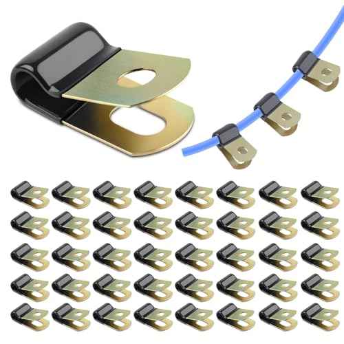 40 Pack Cable Clamps Galvanized Steel 1/4 Hose Clamp Metal Clamp Rubber Cushioned Insulated P Clamps Tube Holder for Tube, Pipe or Wire Cord Installation