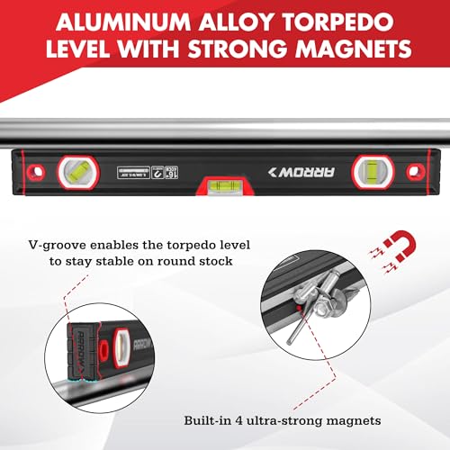 Arrow 16-Inch Magnetic Torpedo Level – 4-MMagnet, V-Groove, Aluminum Frame (Single Level 16")