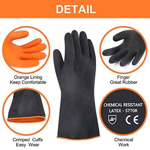 14" XL Latex Chemical Resistant Gloves - Reusable Heavy Duty Long Rubber Dishwashing Gloves for Men - Industrial Safety With Forearm Protection, Waterproof, Resist Strong Acid, Alkali, Oil