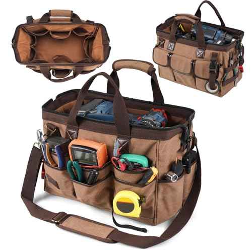 ARCFOX 14 Inch Portable Electrician Tool Bag 21 Pockets - Heavy Duty 16OZ Canvas Tool Bags Organizer with Wide Mouth & Adjustable Shoulder Strap for HVAC, Mechanics, Maintenance, UTV-Effortless Carry