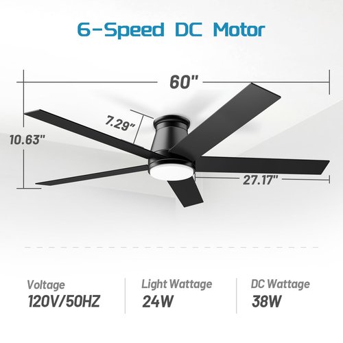 wurzee 60 inch Flush Mount Ceiling Fan Black Ceiling Fans with Lights 6 Speeds DC Reversible Motor, Timing, Dimmable, 5 Blades for Study, Nursery, Indoor Patio Porch Garage Shop