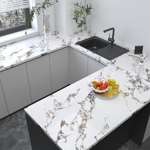 White Gold Marble self adhesive Contact Paper kitchen Granite Countertops peel and stick Wallpaper 118x16inch Removable sticky laminate Wall paper Vinyl Wrap Counter top cabinet decor table desk paper