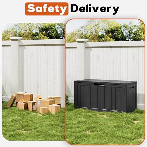 NBYSGO Striped Black 85 Gallon Outdoor Resin Storage Box with Lockable Lid