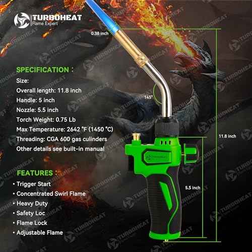 High-Intensity Turbo Torch Head with Auto-Igniter - for Propane/MAPP Gas (Cylinder Not Included) - with Rubber Grip for Soldering, Brazing, Welding