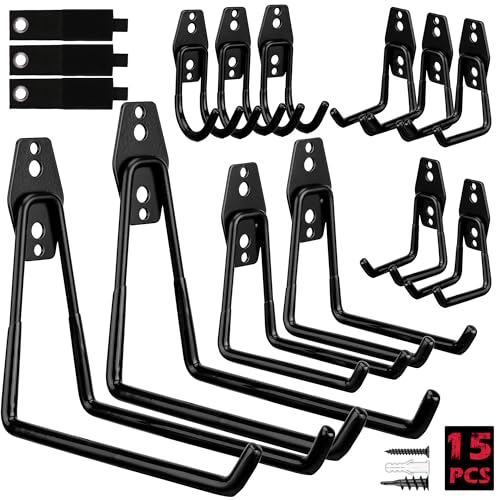 Heavy Duty Garage Wall Hooks Set - 15 Steel Organizer Hangers for Tools & Bikes
