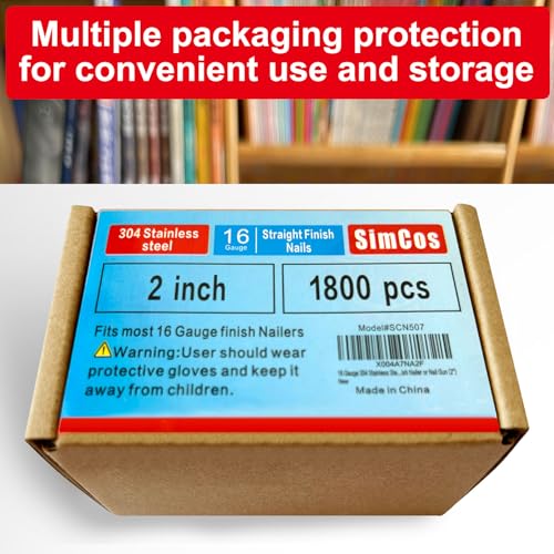SimCos 16 Gauge 2 Inch Stainless Steel Finish Nails 1800 Pack for Outdoor & Indoor Use