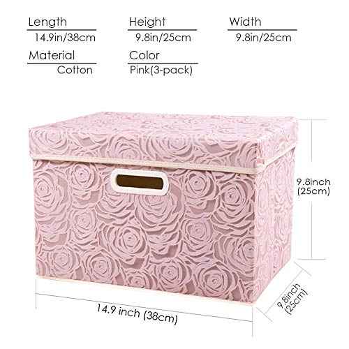 PRANDOM Collapsible Storage Boxes with Lids Fabric Decorative Storage Bins Cubes Organizer Containers Baskets with Cover Handles Divider for Bedroom Closet Living Room 14.9x9.8x9.8 Inch 3 Pack