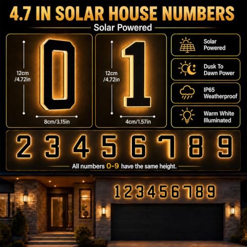 4.7 Inch Solar House Numbers Black-1 Outdoor Wall Sign with Warm White Backlit