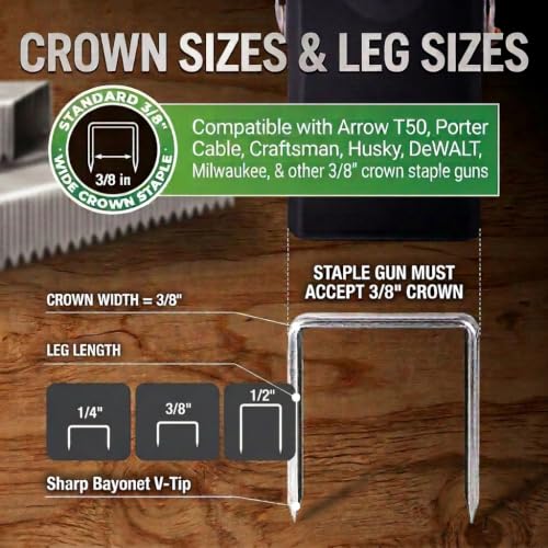Renewed Warriors T50 Stainless Steel Staples 1/2 Inch Leg, 3/8 Inch Crown, 500 Pack - Marine-Grade, Heavy Duty, Bayonet Tip