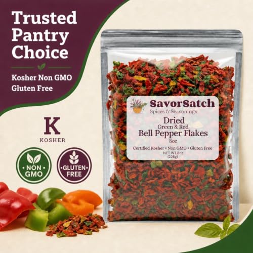 SavorSatch Dried Red & Green Bell Pepper Flakes 8oz Resealable Bag, Kosher, Non-GMO