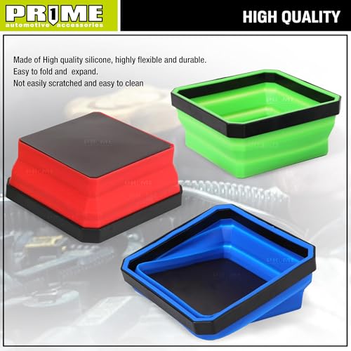 PR1ME Upgrade Collapsible Magnetic Parts Tray Set, 3 Pack - Foldable Silicone Bowls with Magnetic Base