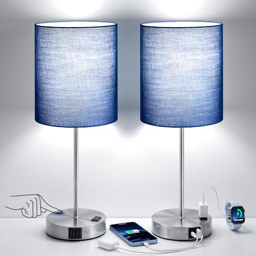 Fenmzee Touch Bedside Lamps Set of 2 - Blue-Silver, 17.6in Dimmable USB-C & AC Outlet